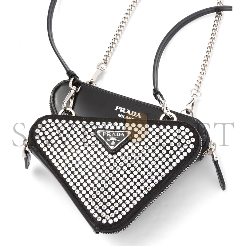 PRADA TRIANGULAR EMBELLISHED SATIN AND LEATHER MINI-POUCH 1NR015 (15*15*10cm) PRADA TRIANGULAR EMBELLISHED SATIN AND LEATHER MINI-POUCH 1NR015 (15*15*10cm)
